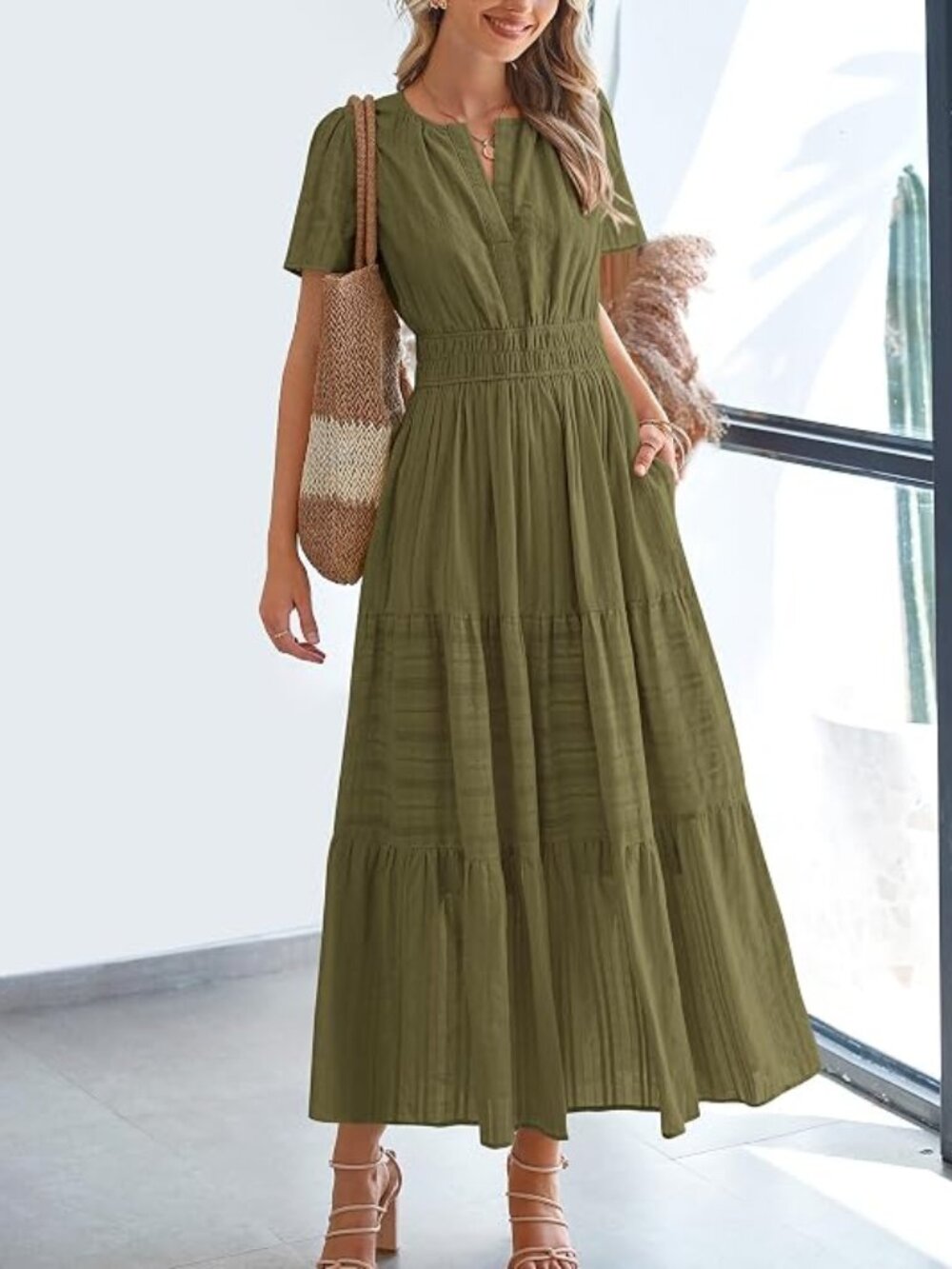 Womens Summer 2026 Casual Midi Maxi Dresses Lightweight Short Sleeve V Neck Ela